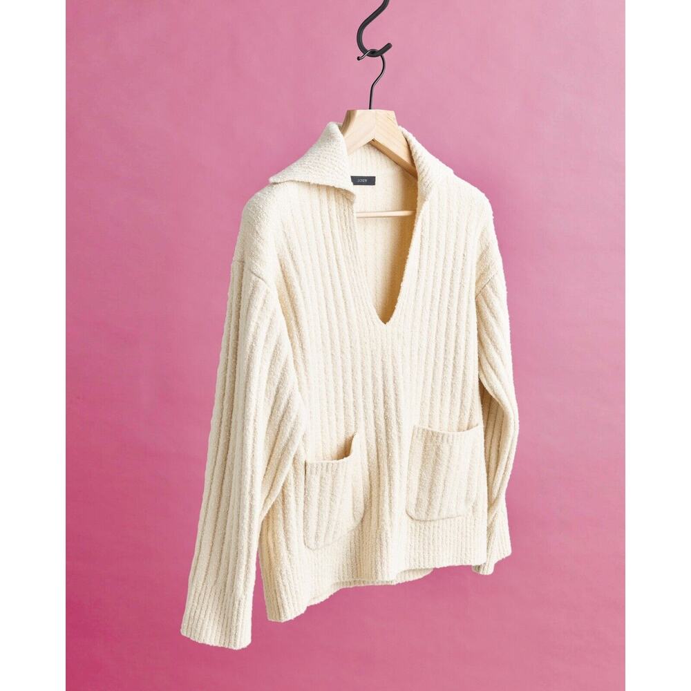 J. Crew Collared Cotton-bouclé Beach Sweater Size XS in Ivory - Picture 2 of 8